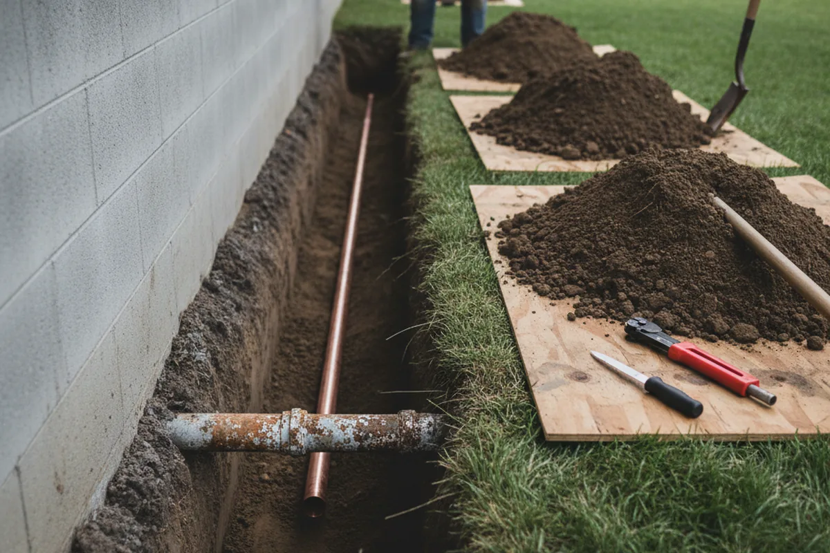 Excavated water line trench during Water Softener Installation in Fountain Valley